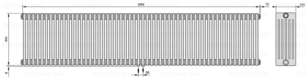 Схема (чертеж) Радиатор Zehnder Charleston 6090/54 №3470 Белый глянцевый RAL 9016